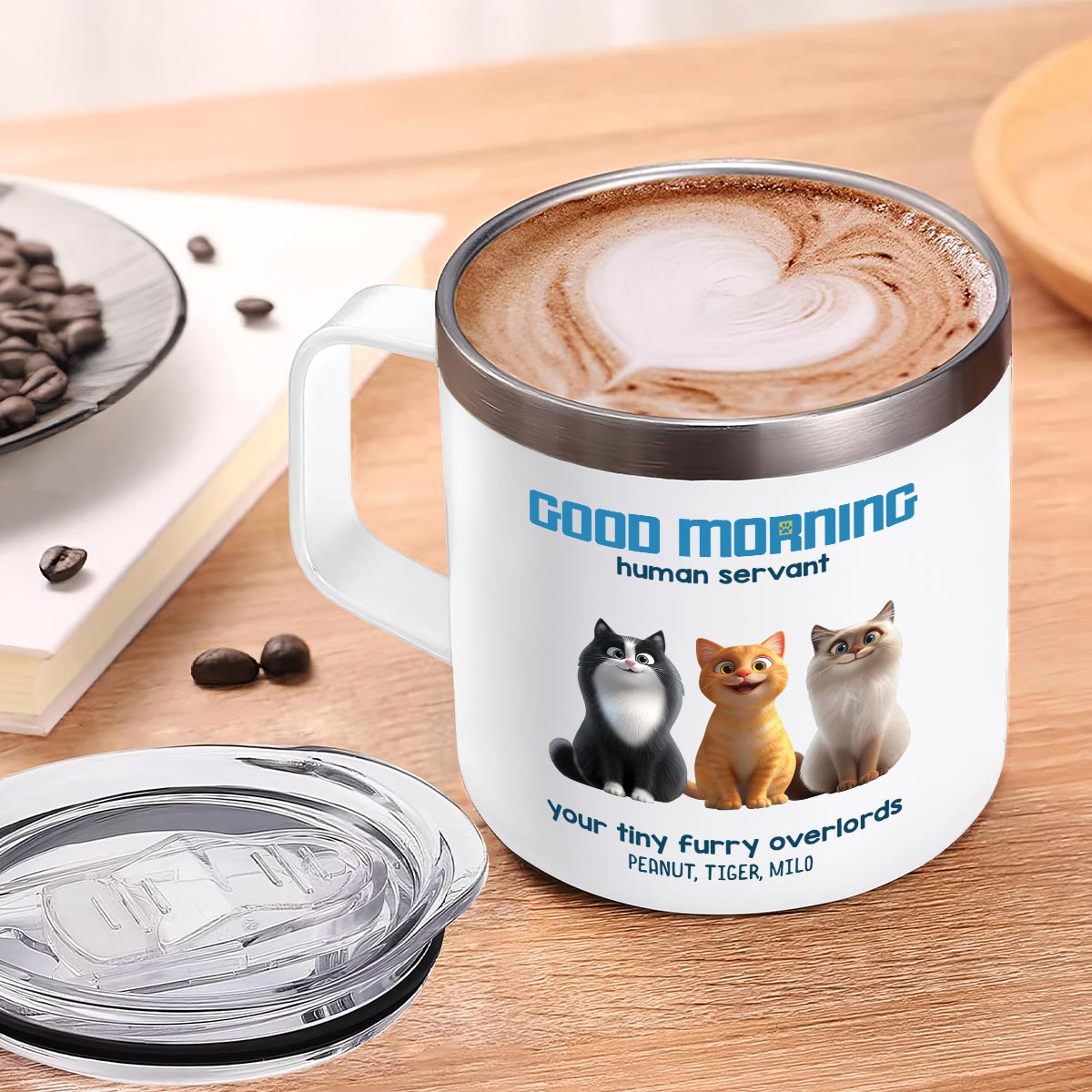 Good Morning Human Servant Personalized Stainless Steel Tumbler With Handle, Unique Gift for Cat Mom Cat Dad