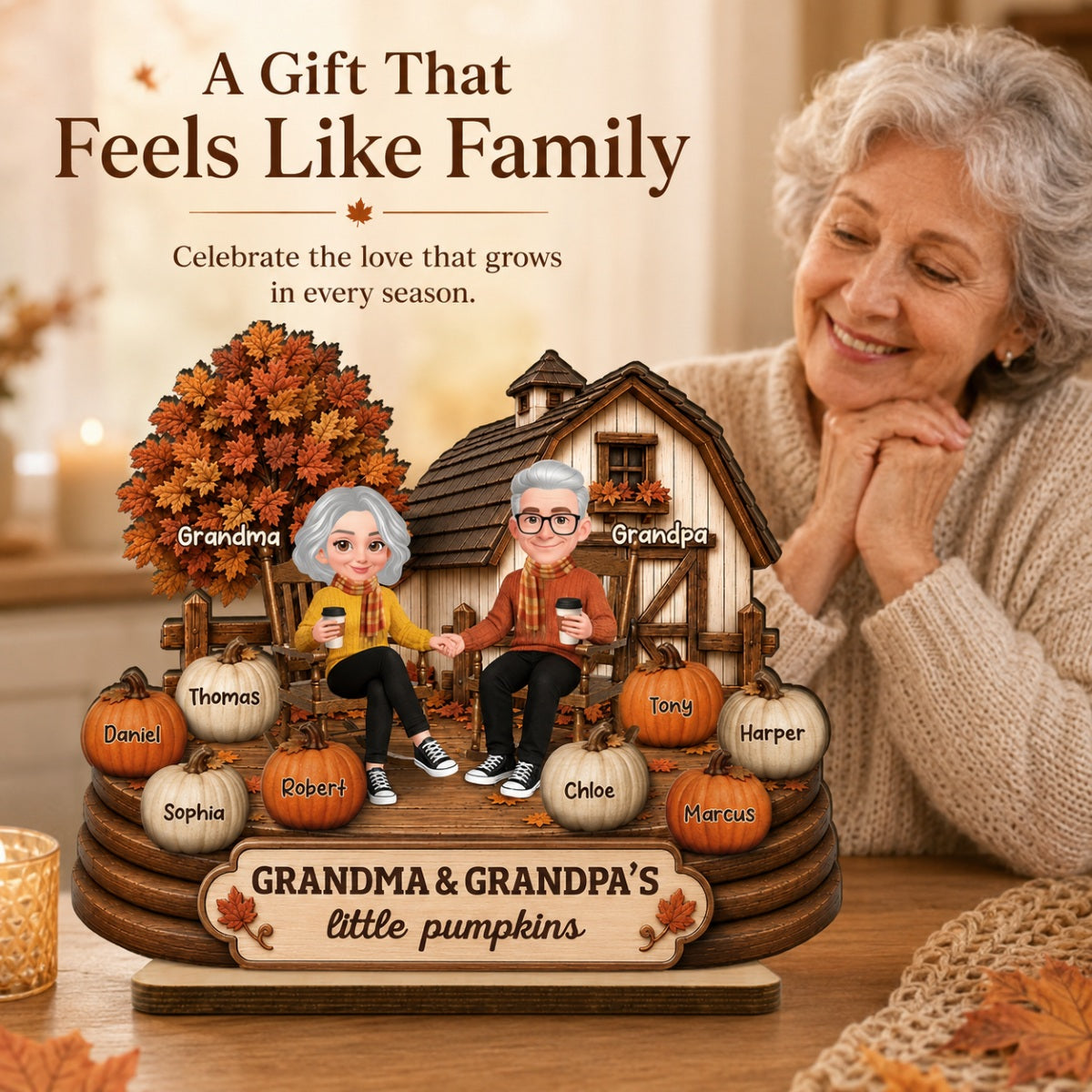 Fall Season Cozy Warm Farmhouse Style Grandma Grandpa Little Pumpkins - Personalized 2-Layered Wooden Plaque - Fall Decor For Grandparents