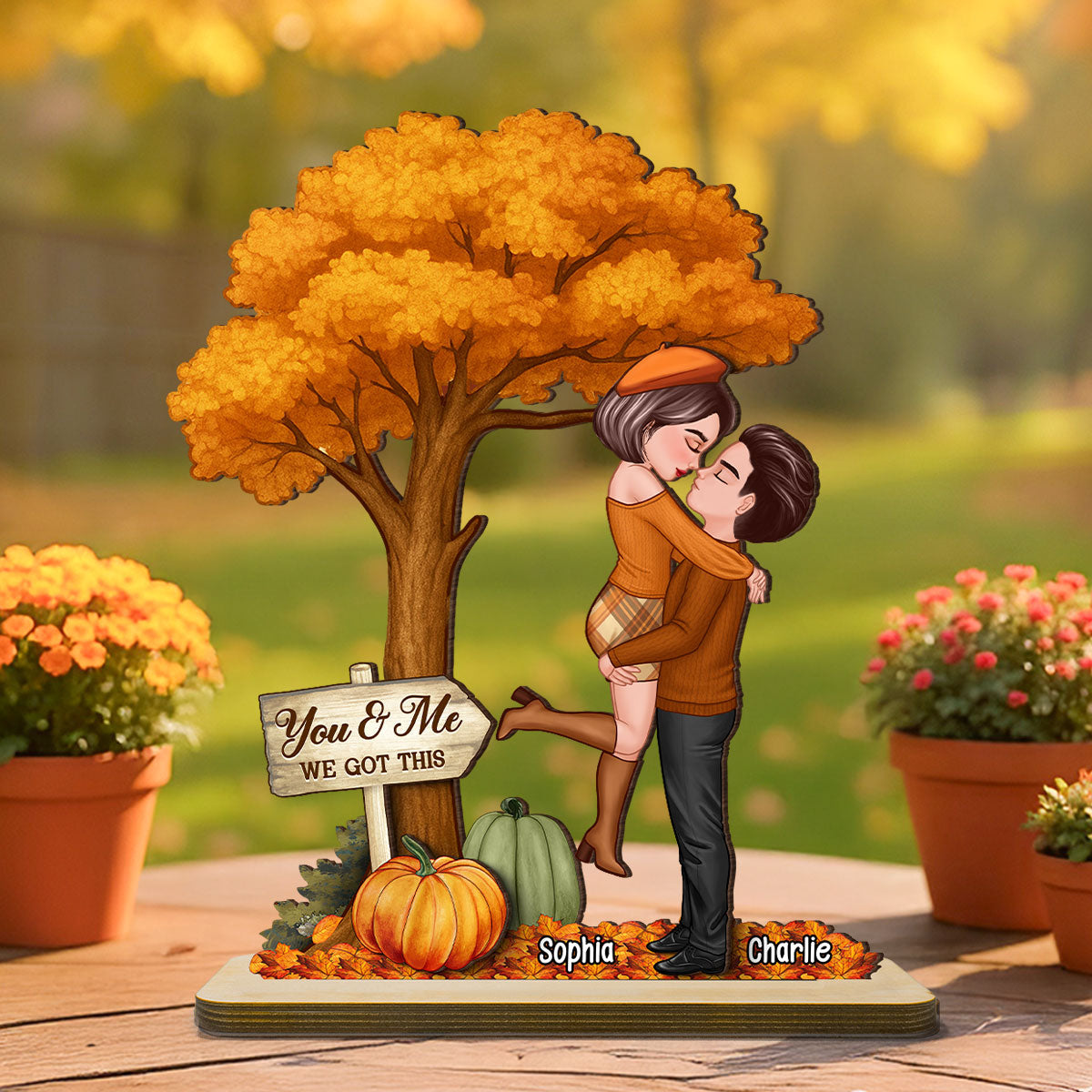 Fall Season Couple Hugging Kissing Under Tree Personalized Standing Wooden Plaque