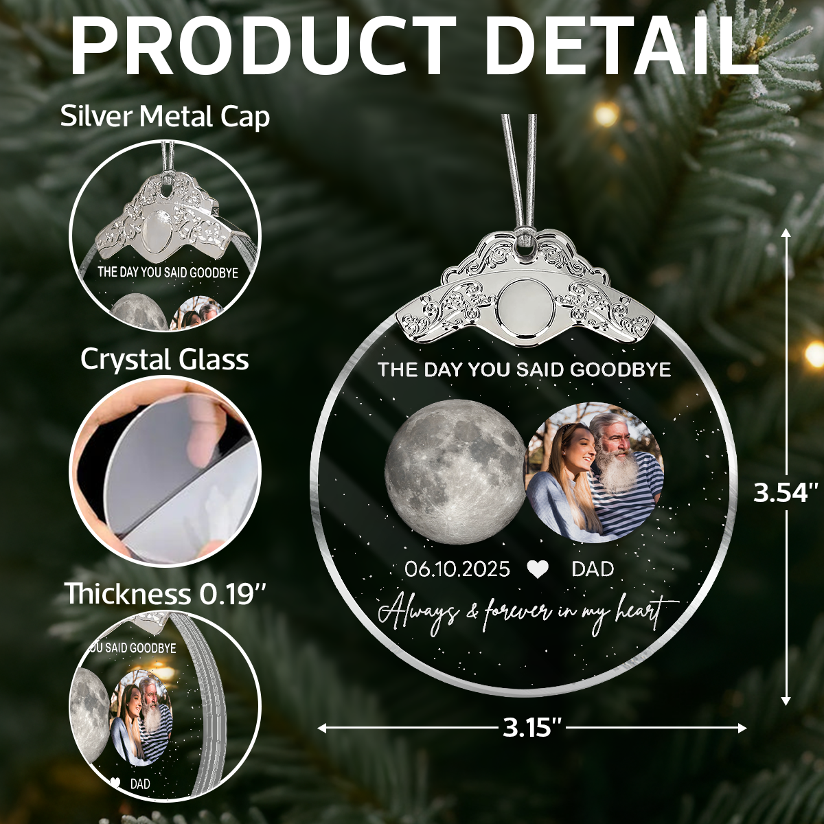 The Day You Said Goodbye Custom Moon Phase Upload Photo - Personalized Glass Ornament With Silver Cap - Heartwarming Memorial Sympathy Gift