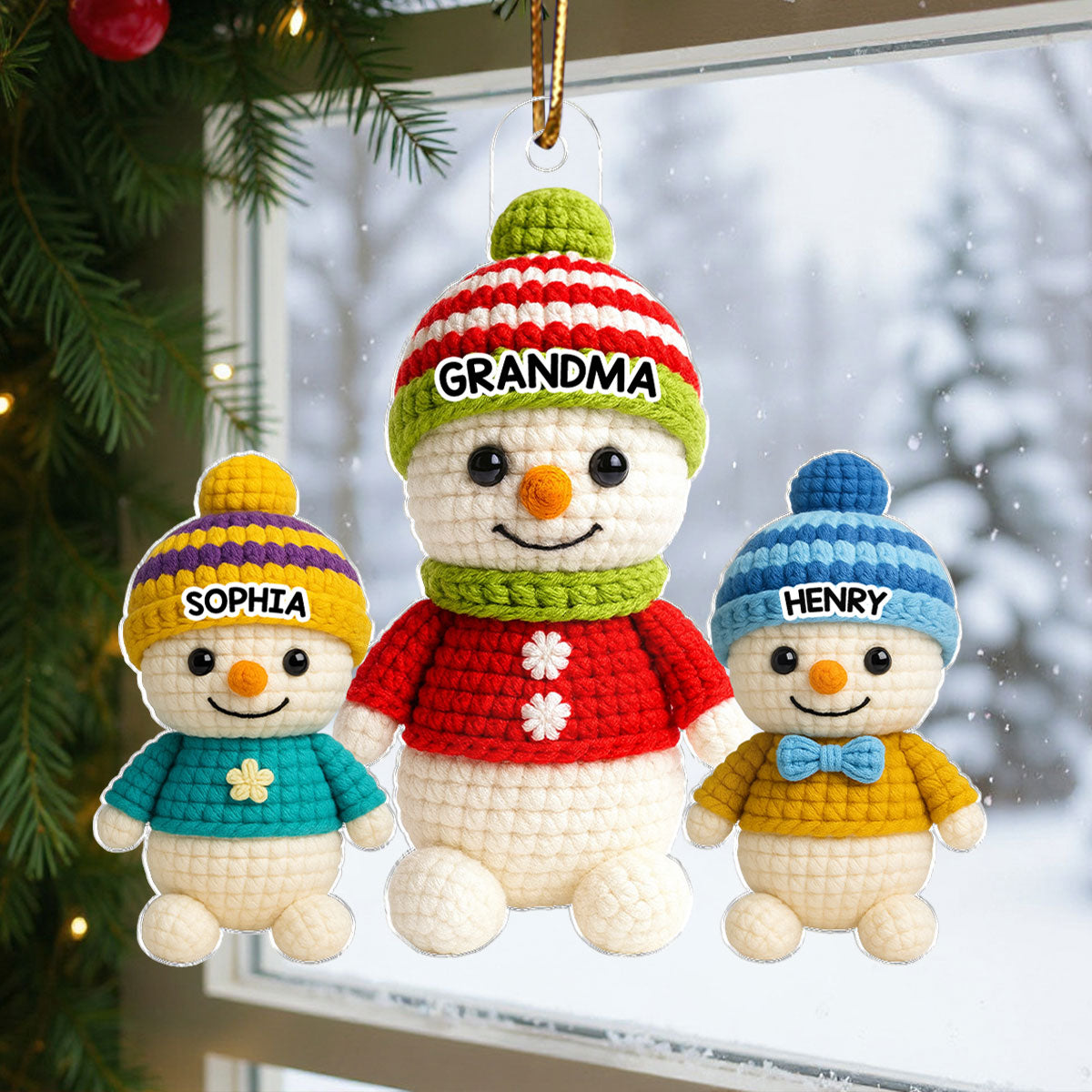 Heartwarming Grandma Grandkids Snowman 3D Crochet Effect - Personalized Acrylic Ornament - Christmas Gift for Grandmas