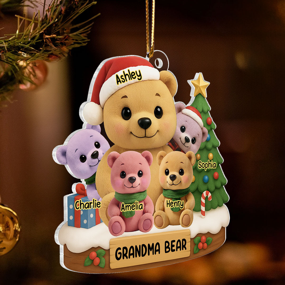 Grandma Bear Sitting with Grandkids Personalized Acrylic Ornament, Christmas Gift for Grandma