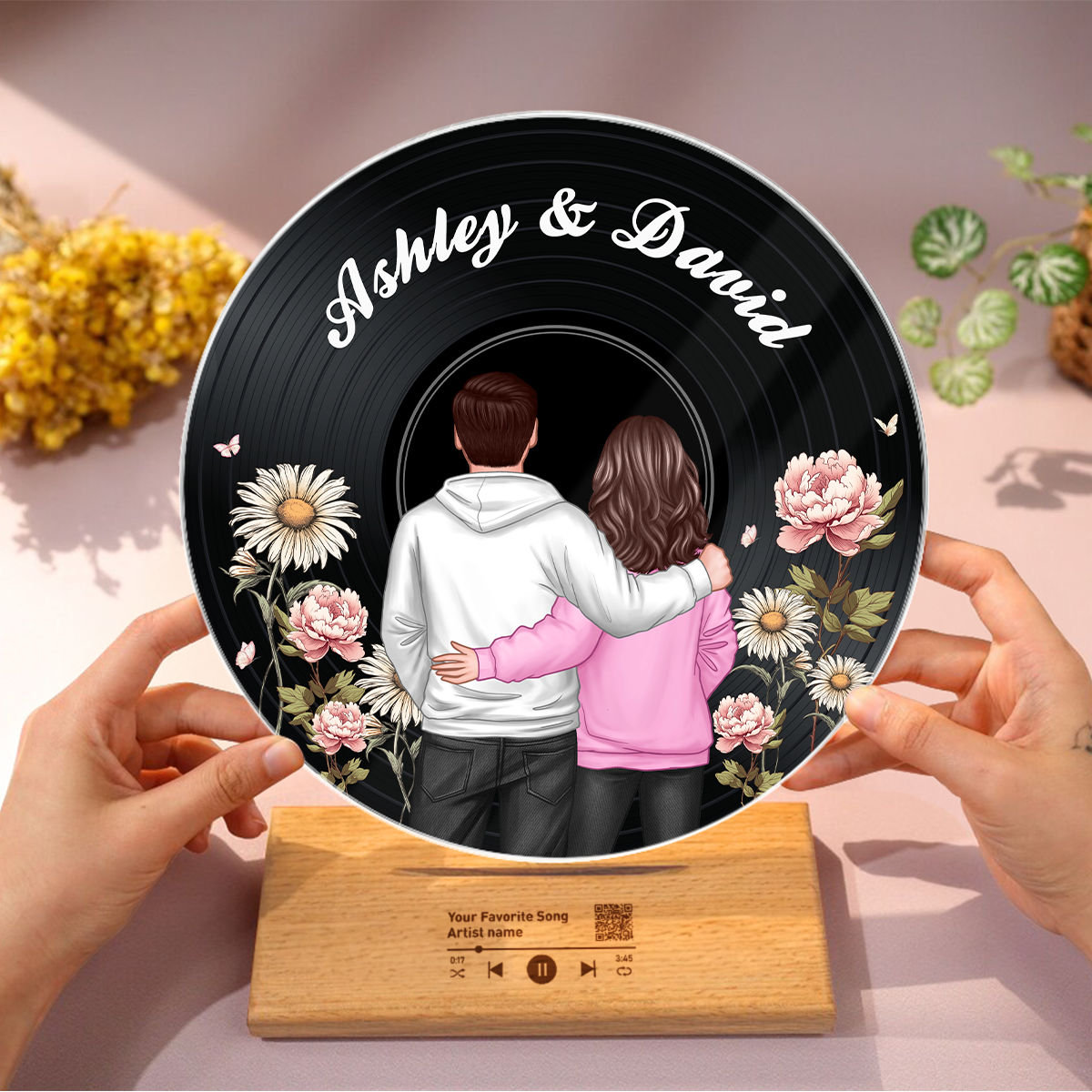 Back View Couple Birth Month Flower Custom Vinyl Record Acrylic Song Plaque, Scannable QR Code, Personalized Birthday, Anniversary Gift for her and for him