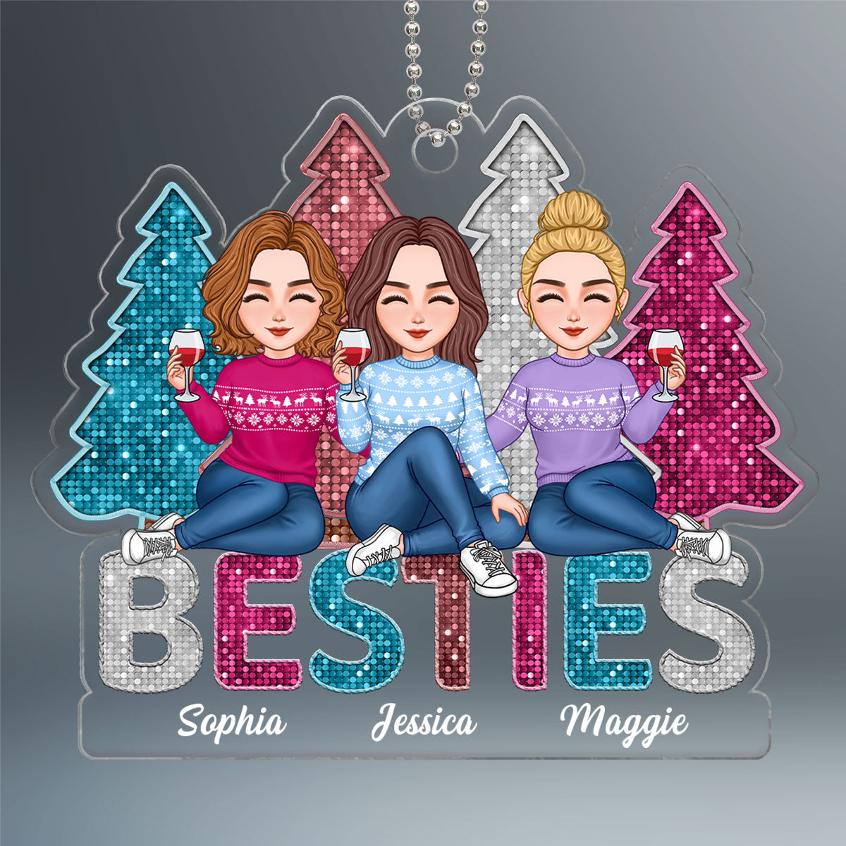 Sequins Texture Besties Sisters Christmas Trees Personalized Acrylic Ornament