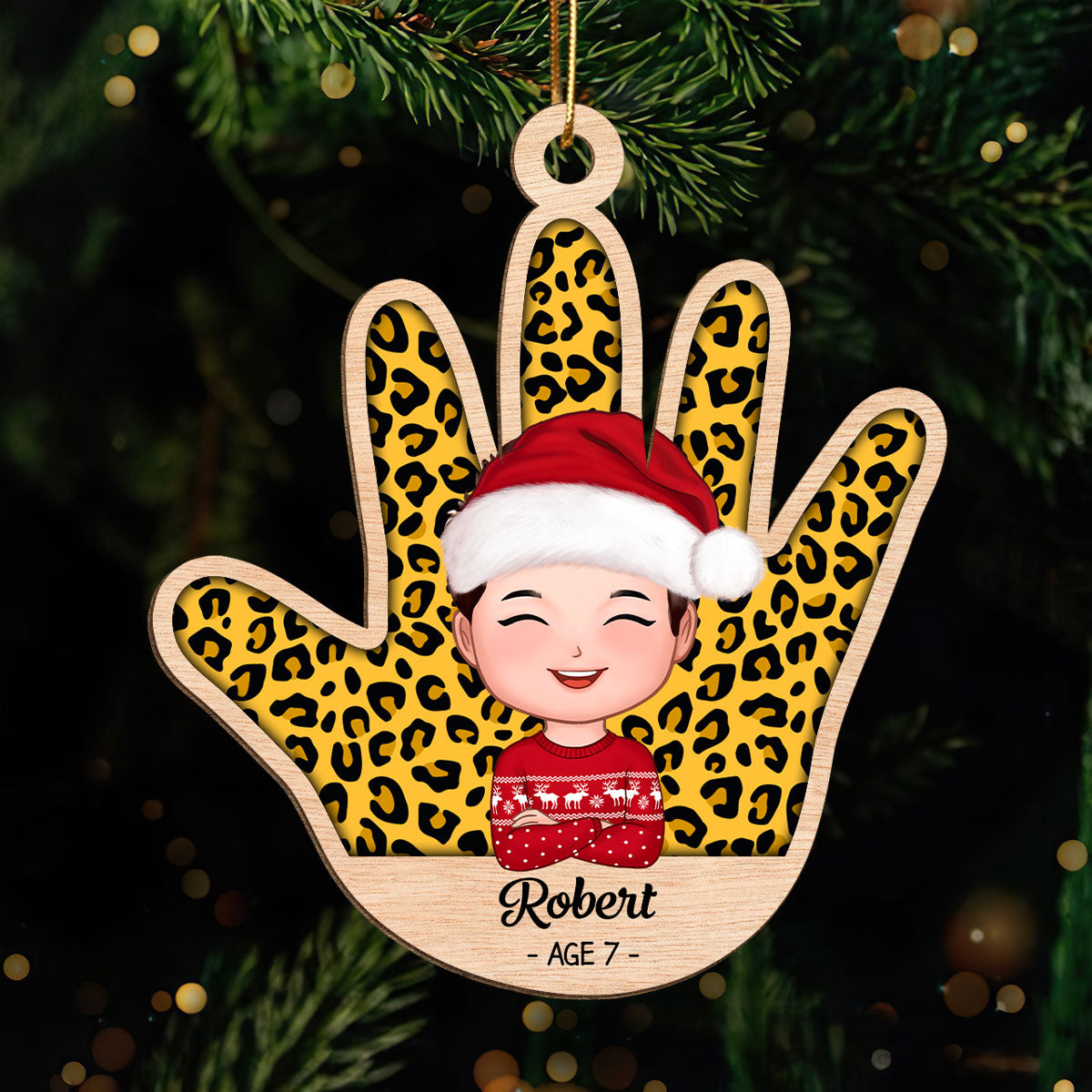 Kid Handprint Colorful Checkered Personalized Wooden Ornament