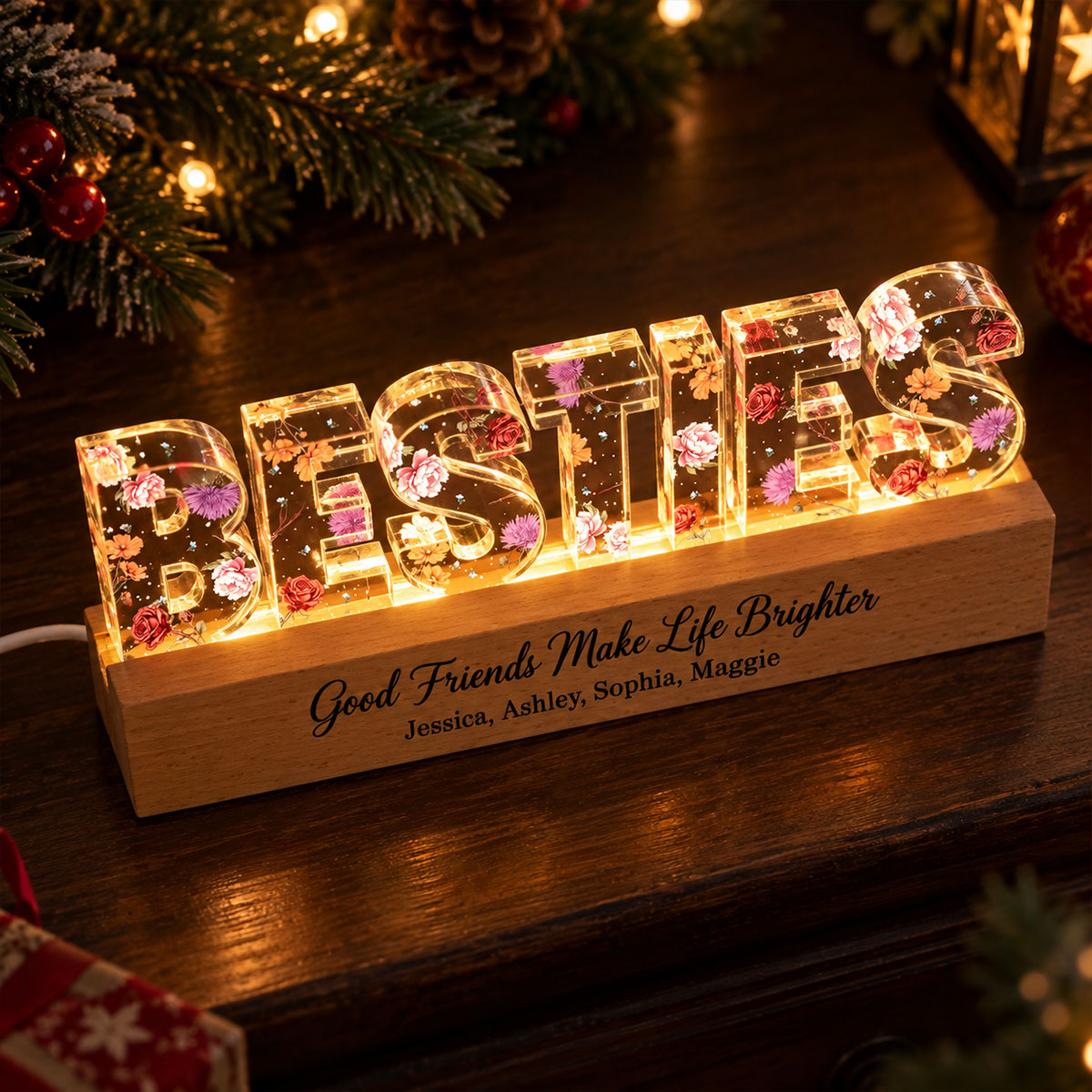 Besties Forever Together Custom Birth Month Flowers - Personalized Acrylic Plaque LED Night Light - Christmas Gift Best Friends, Besties