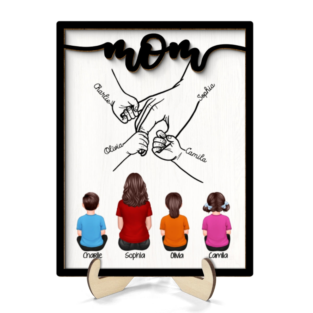 Mom And Kids Holding Hands Personalized 2-Layer Wooden Plaque