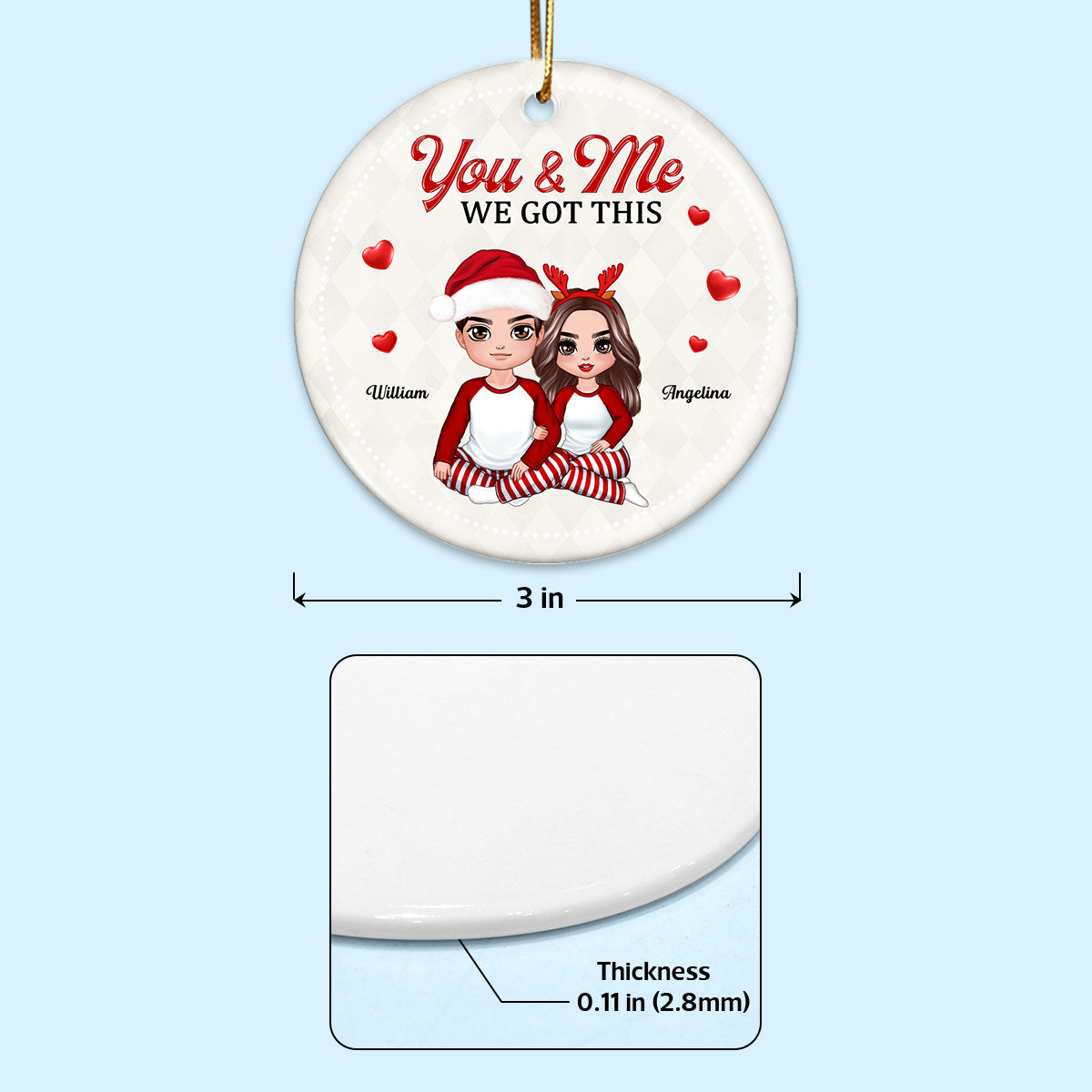 Christmas Doll Couple Hugging Sitting Calendar Anniversary Date Personalized Double Sided Circle Ornament
