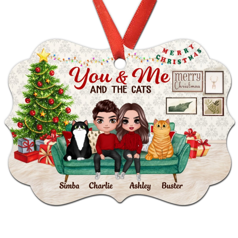 Couple And Cats Sitting On Sofa Personalized Christmas Ornament