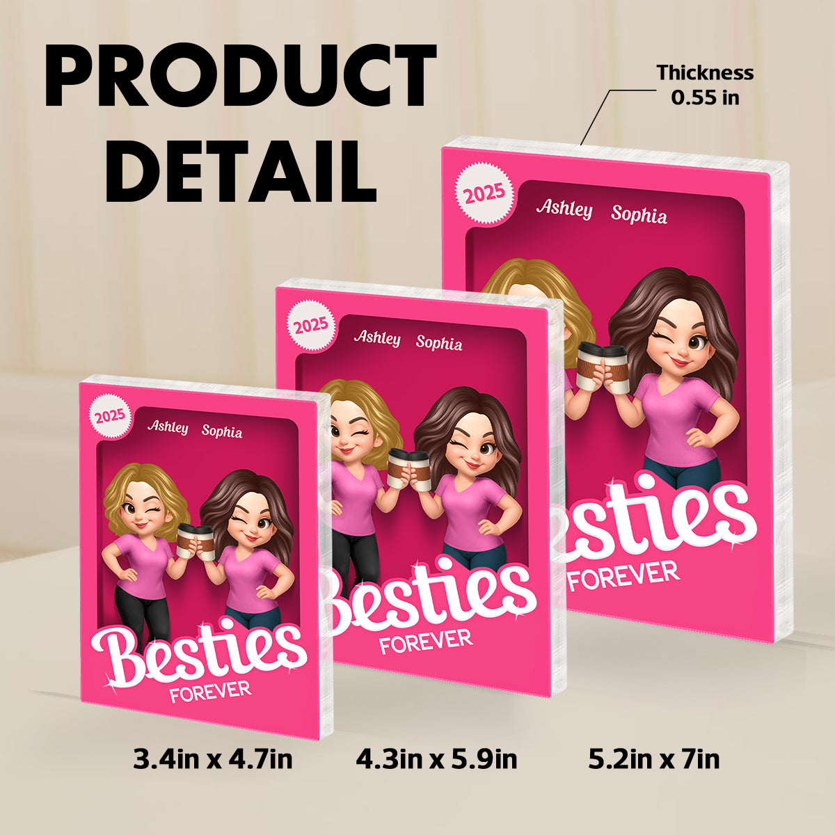 Besties Forever Pink Action Figure 3D Effect - Personalized Acrylic Block Plaque - Gift for Besties, Best Friends