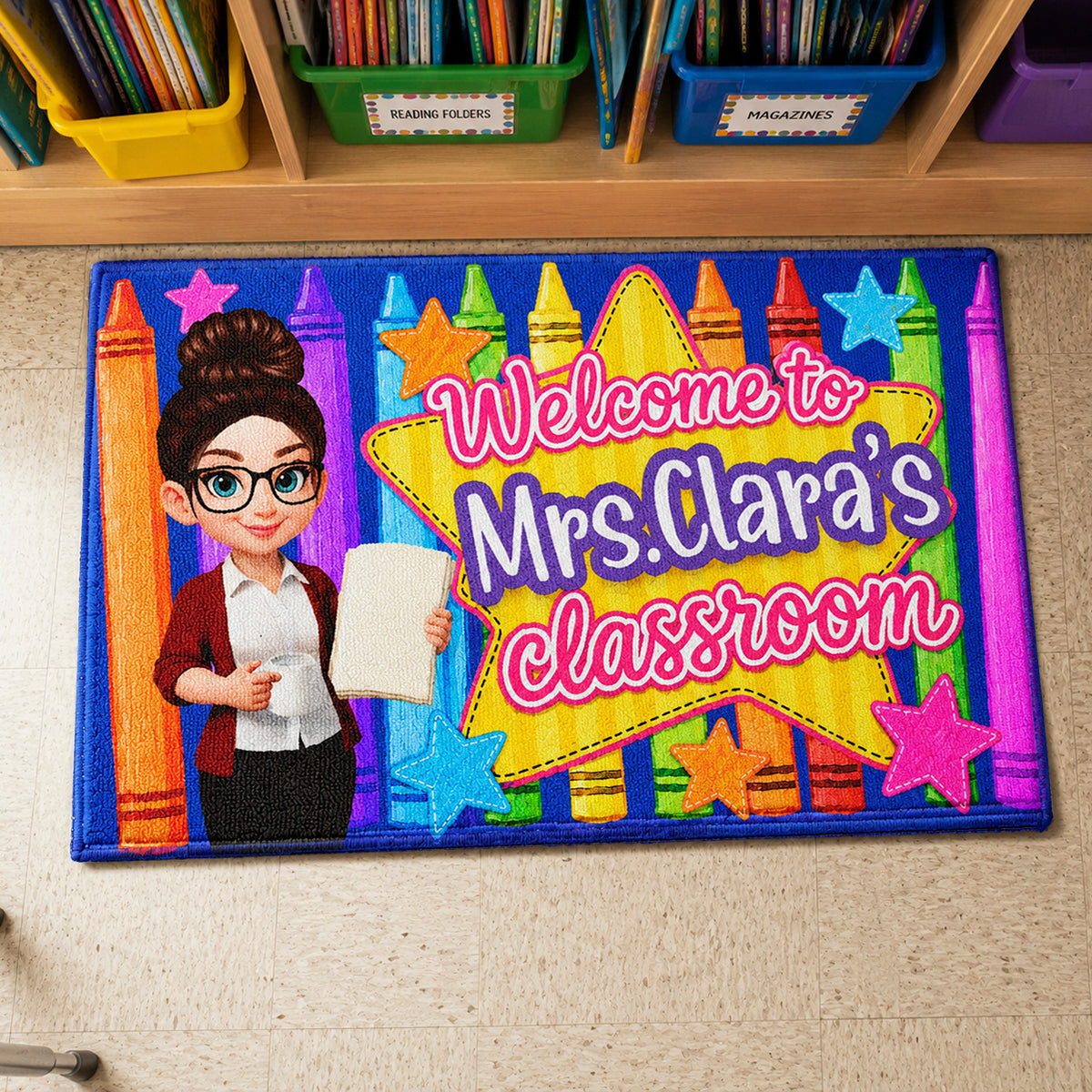 Welcome to Teacher Classroom Pencil Crayon - Personalized Doormat - Back to School Decor, Gift for Teacher