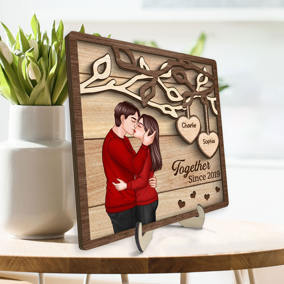 Romantic Couple Kissing Under Tree Personalized 2-Layer Wooden Plaque, Valentine‘s Day Gift For Him, For Her