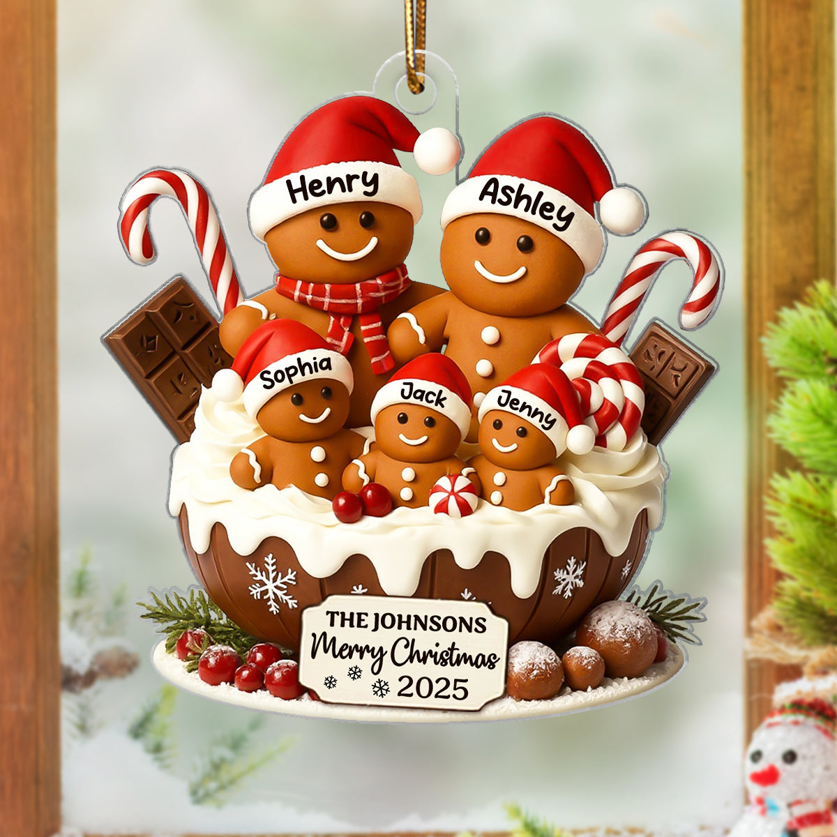 Gingerbread Family Holiday Delight Personalized Acrylic Ornament, Christmas Tree Decor, 2025 Family Ornament