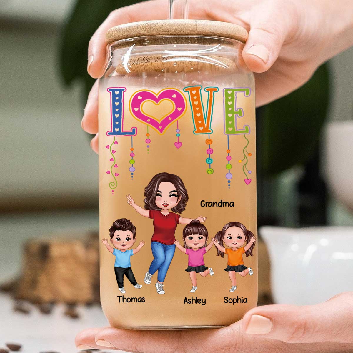 LOVE Happy Doll Grandma With Kids Personalized Clear Glass Can