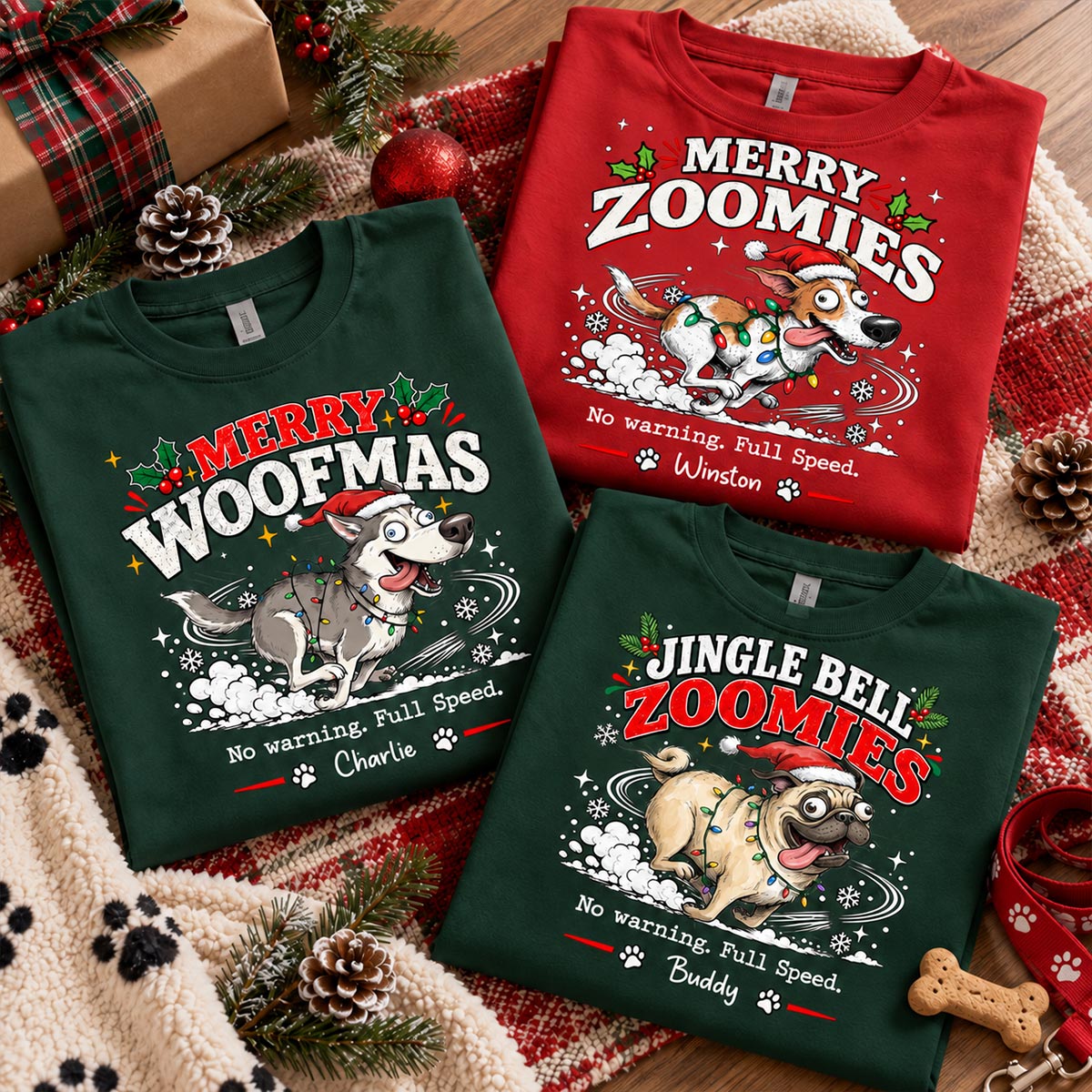 Merry Zoomies Quirky Dog Portrait From Your Custom Pet Photo - Personalized Shirt - Funny Festive Christmas Gift For Dog Lover