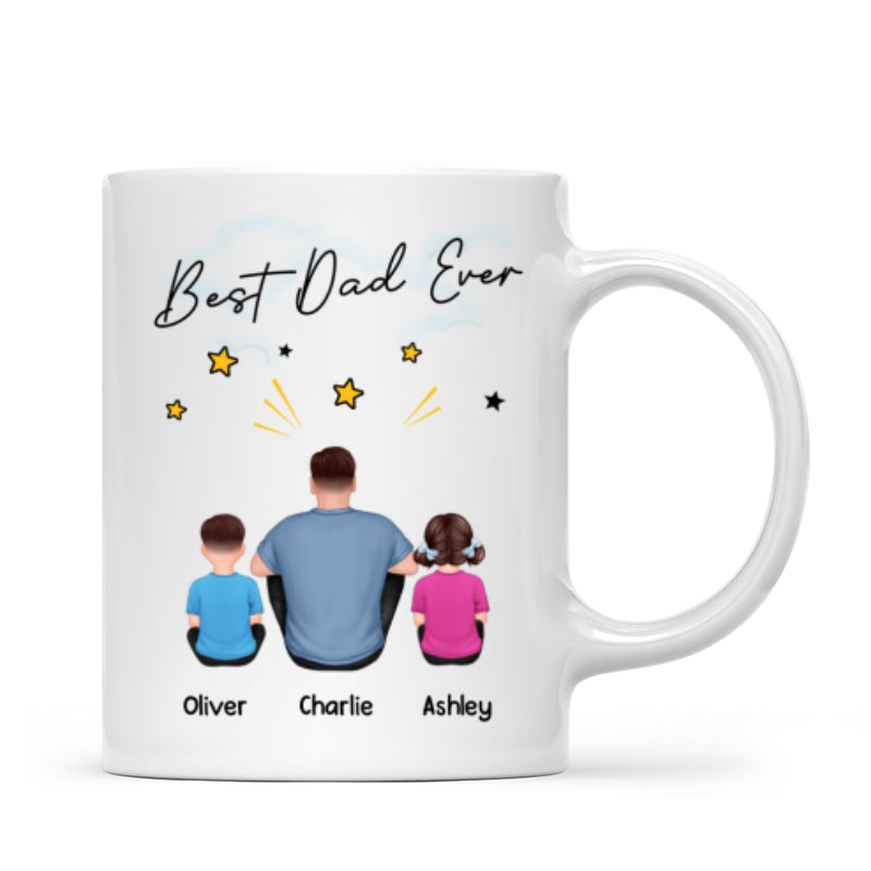 Happy Father‘s Day To Our Hero Back View Sitting Dad Kids Dog Cat Personalized Mug
