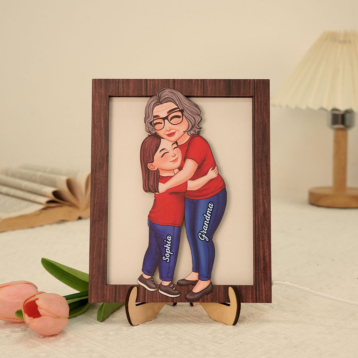 Grandma Grandkid Hugging Personalized 2-Layered Wooden Plaque With LED, Gift for Grandma, Mother's Day
