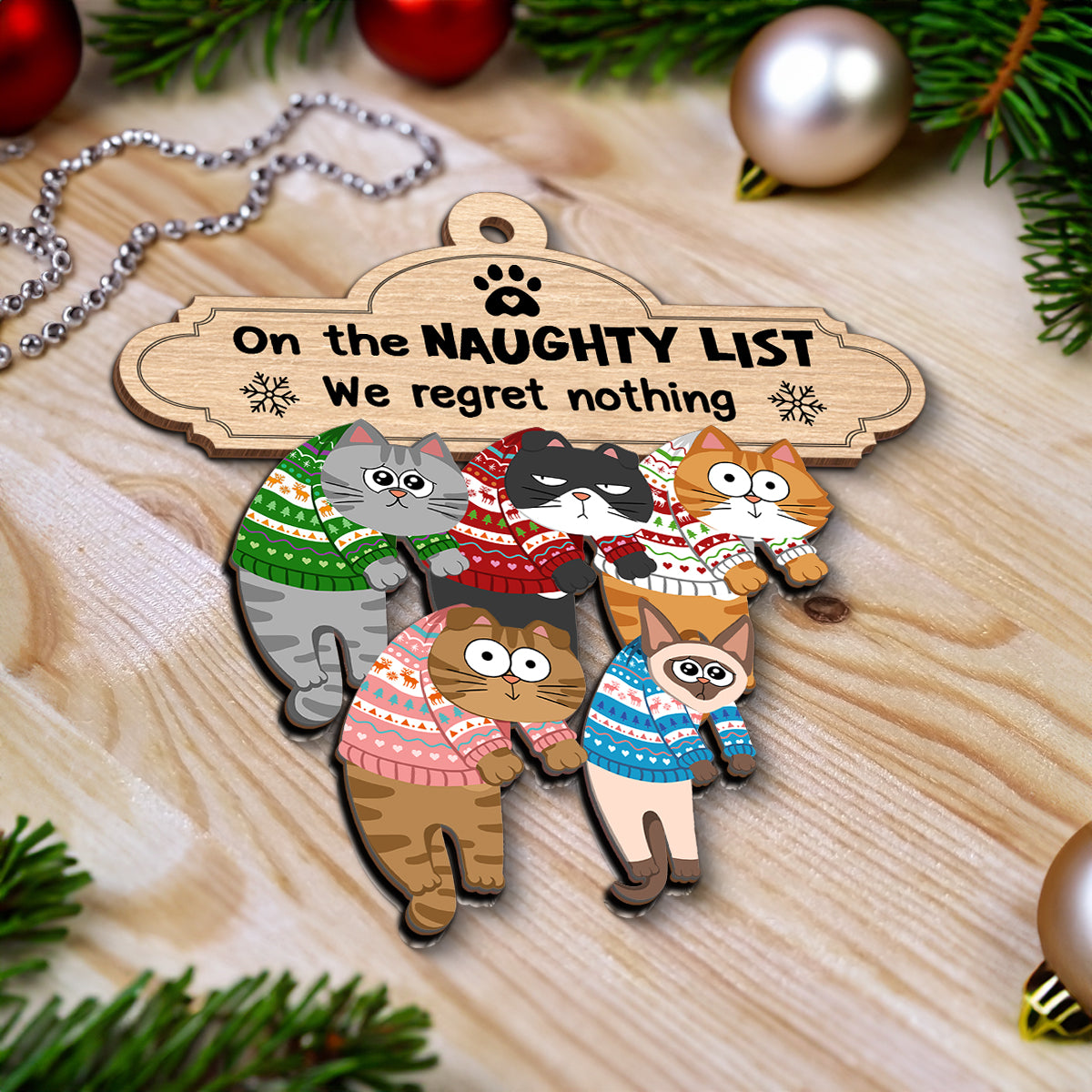 Christmas Naughty Cats Hanging On Mantel Personalized 2-Layer Wooden Ornament, Gift For Cat Lovers