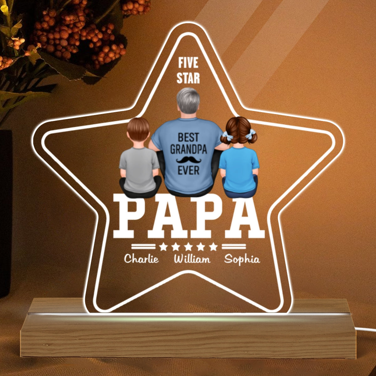 Five - Star Papa Back View Man And Kids Personalized Warm Acrylic Custom Shape LED Night Light