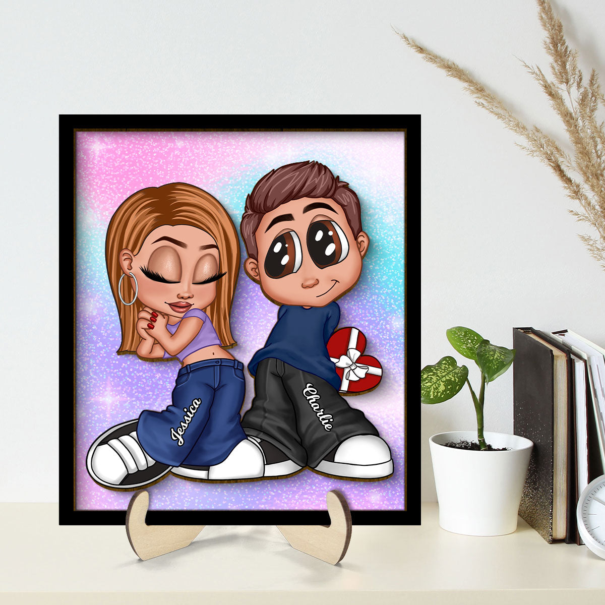 Y2K Couple Background Personalized 2-layer Wooden Plaque, Gift For Him, For Her