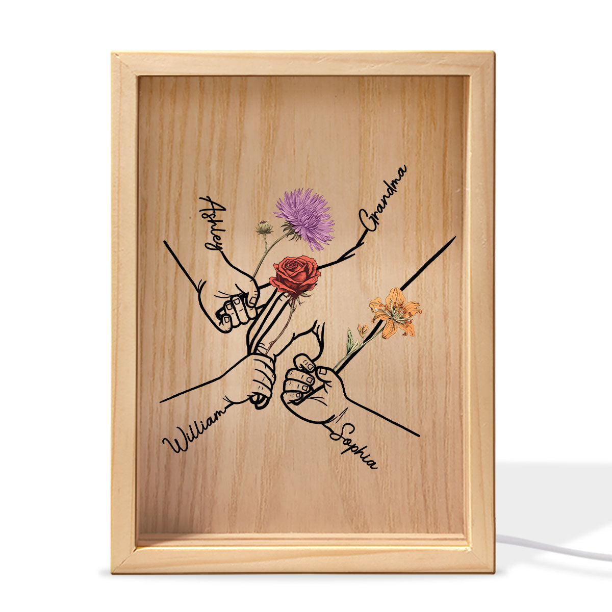 Kids Holding Grandma Mom Hand Birth Month Flowers Personalized Frame Light Box