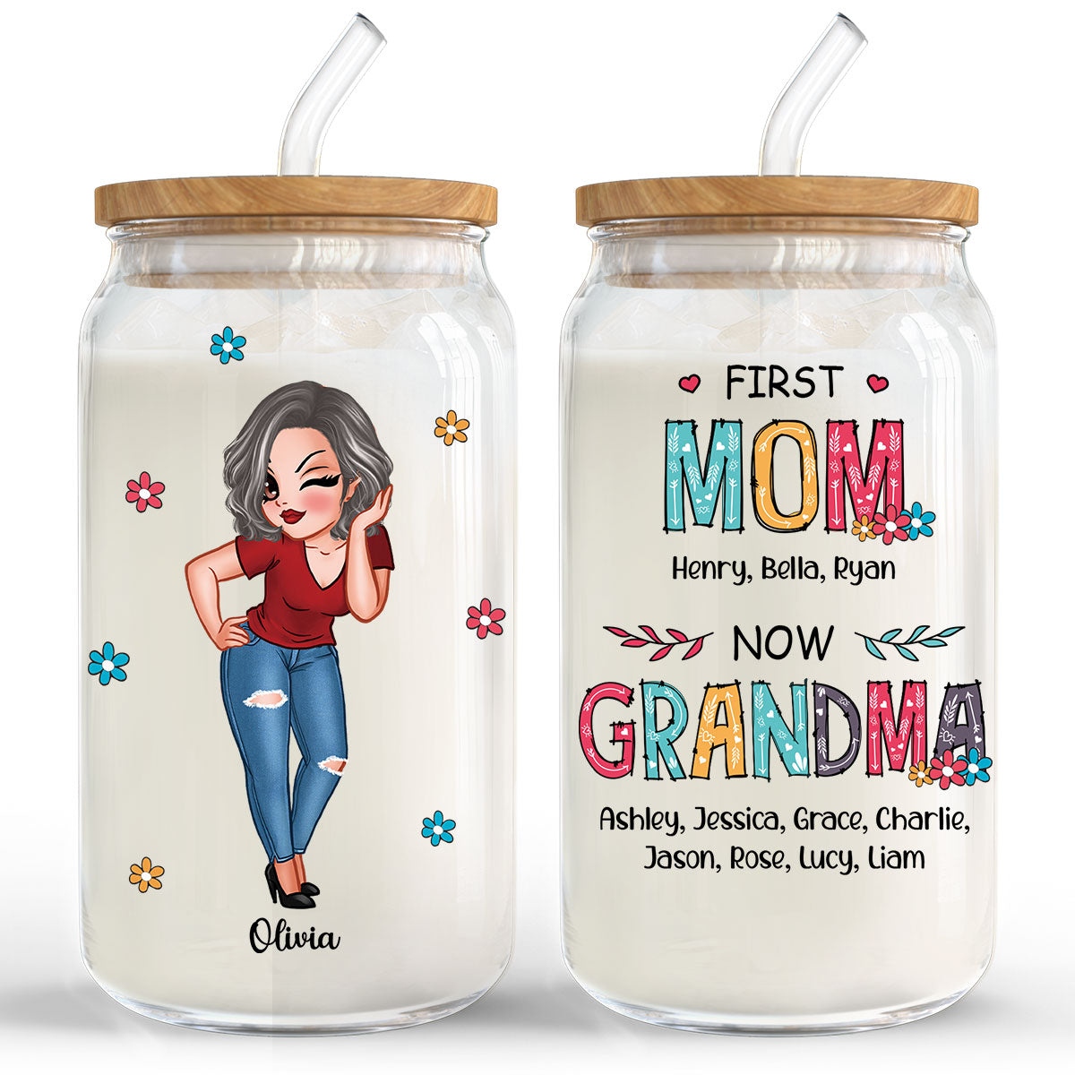First Mom Now Grandma Personalized Clear Glass Can