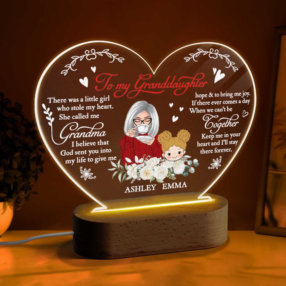 To My Granddaughter Grandson Personalized Heart Plaque LED Night Light