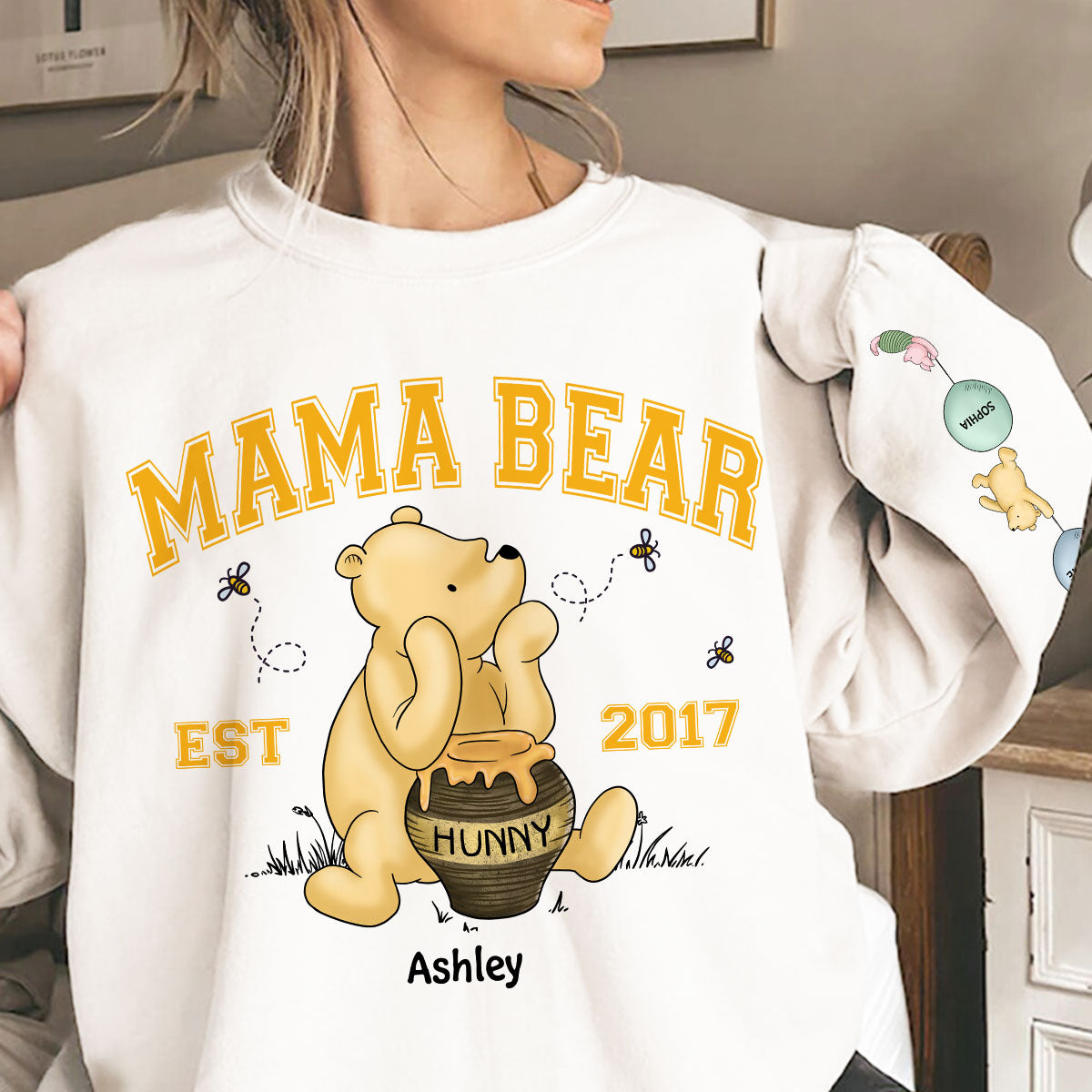 Mama Bear Est. Cute Characters With Balloon Personalized Sleeve Printed Sweatshirt