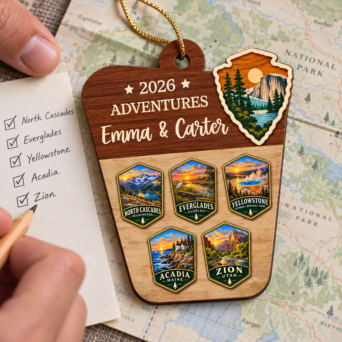 Custom National Parks Adventures - Personalized Wooden Ornament - National Parks Adventure Lovers, National Park Trip Keepsake, Couple Traveling Christmas Gift