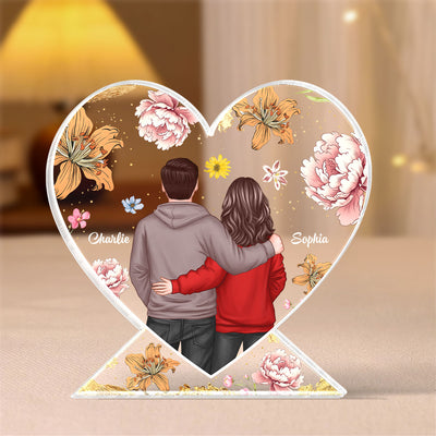 Couple Hugging Back View Birth Month Flower Personalized Acrylic Heart Block Plaque, Heartfelt 2025  Gift, Anniversary Gift For Girlfriend, For Wife