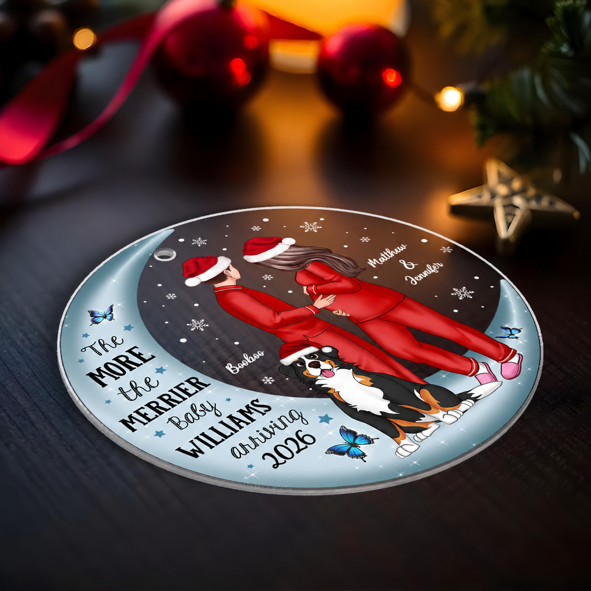 Pregnancy Custom Family On Moon, Expecting New Baby, Mom to be Gift Acrylic Circle Ornament