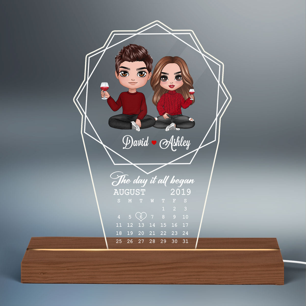 Hexagon Layers Frame Doll Couple Sitting Calendar Anniversary Date Personalized Custom Shape LED Night Light