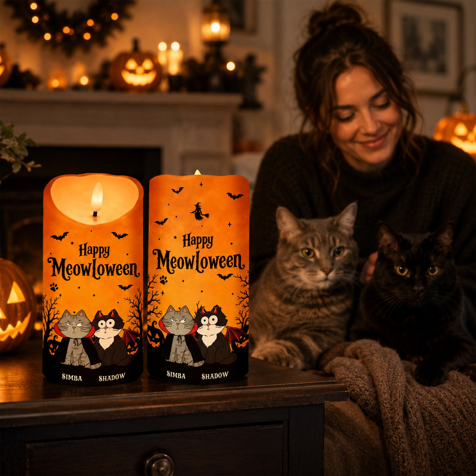 Cat Mom Happy Meowloween - Personalized LED Candle - Purrfect Halloween Decor for Cat Lover