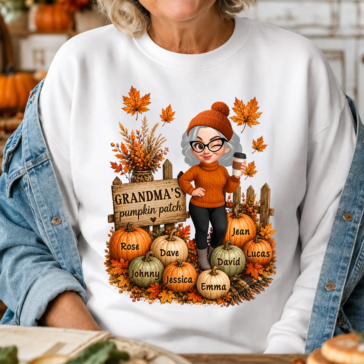 Hello Fall Grandma's Pumpkin Patch - Personalized Shirt - Trendy Fall Tee for Grandma