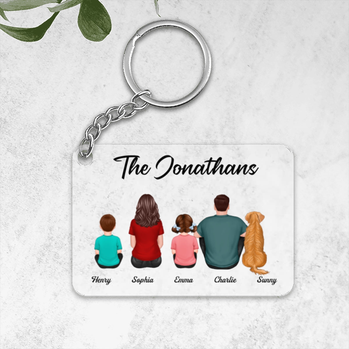 Whole Family Couple Kid Dog Cat Back View Sitting Personalized Acrylic Keychain