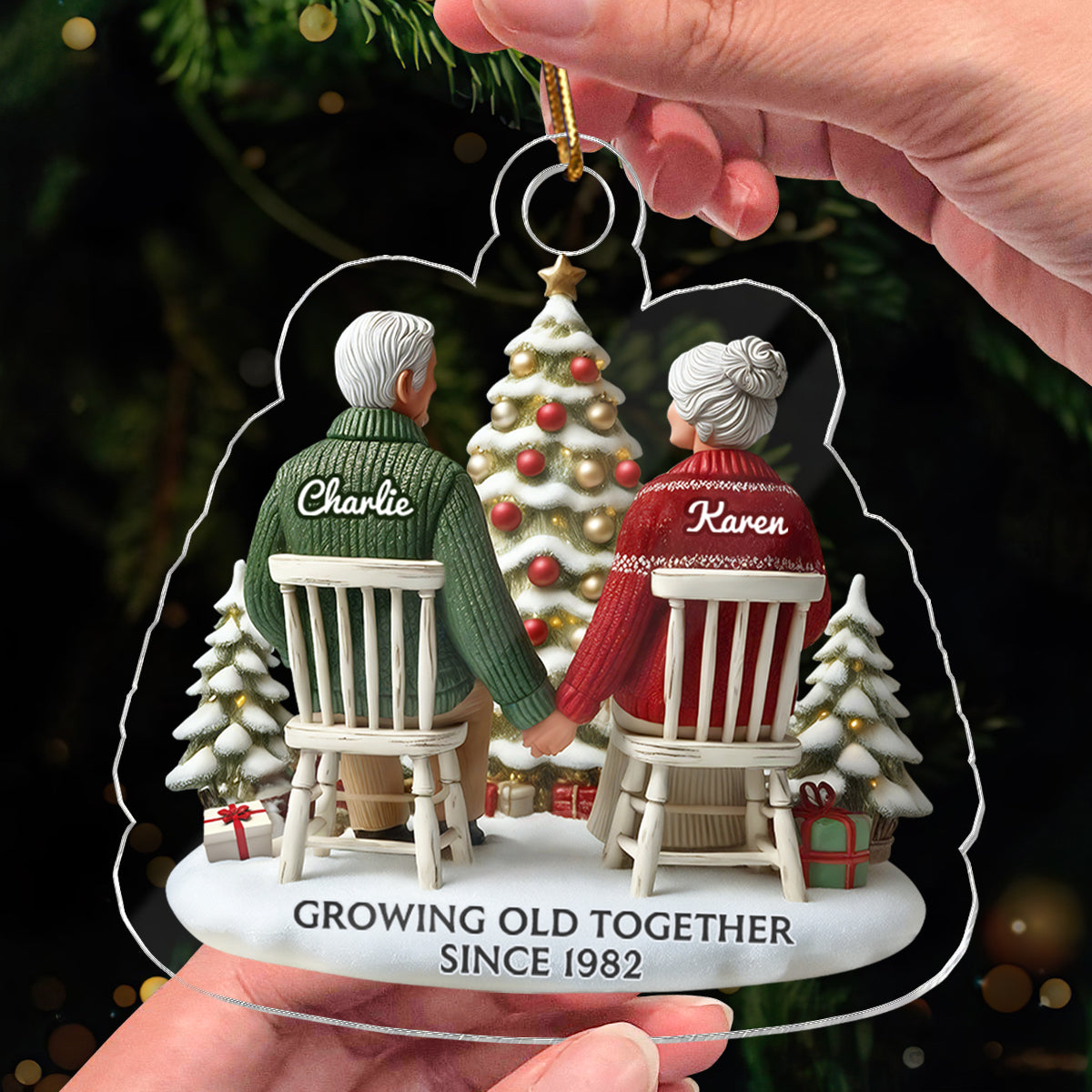 3D Effect Old Couple Growing Old Together Christmas - Personalized Acrylic Ornament - Gift for Him, Gift for Her