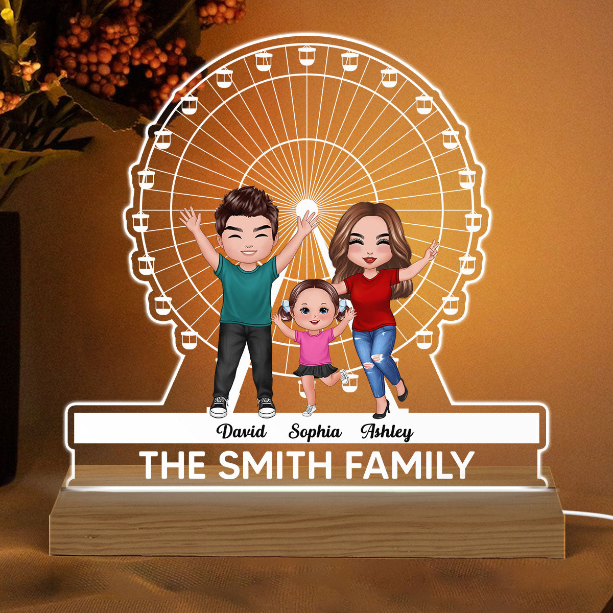 Happy Doll Family And Ferris Wheel Personalized Custom Shaped Acrylic Plaque With Warm LED Night Light