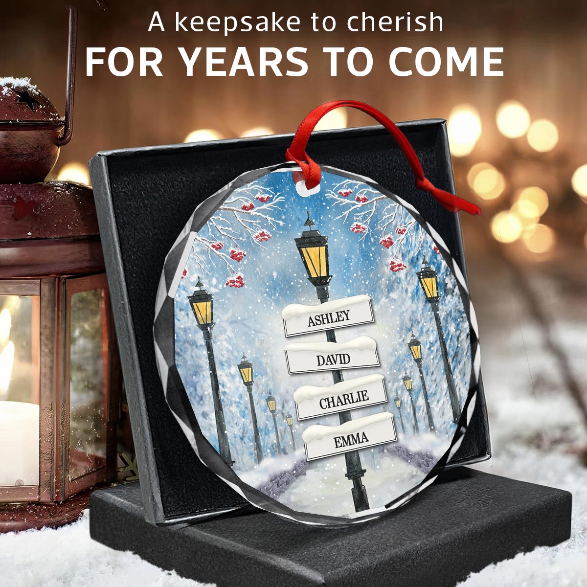 Winter Family Names Lamp Post Signs Christmas Glass Ornament, Christmas Gift For Family