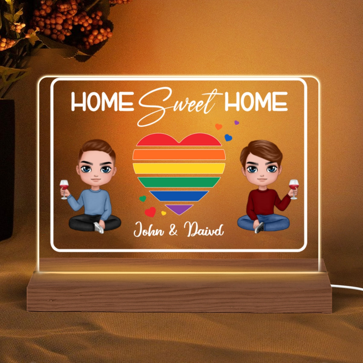 Home Sweet Home LGBT Couple Personalized Custom Shape LED Night Light