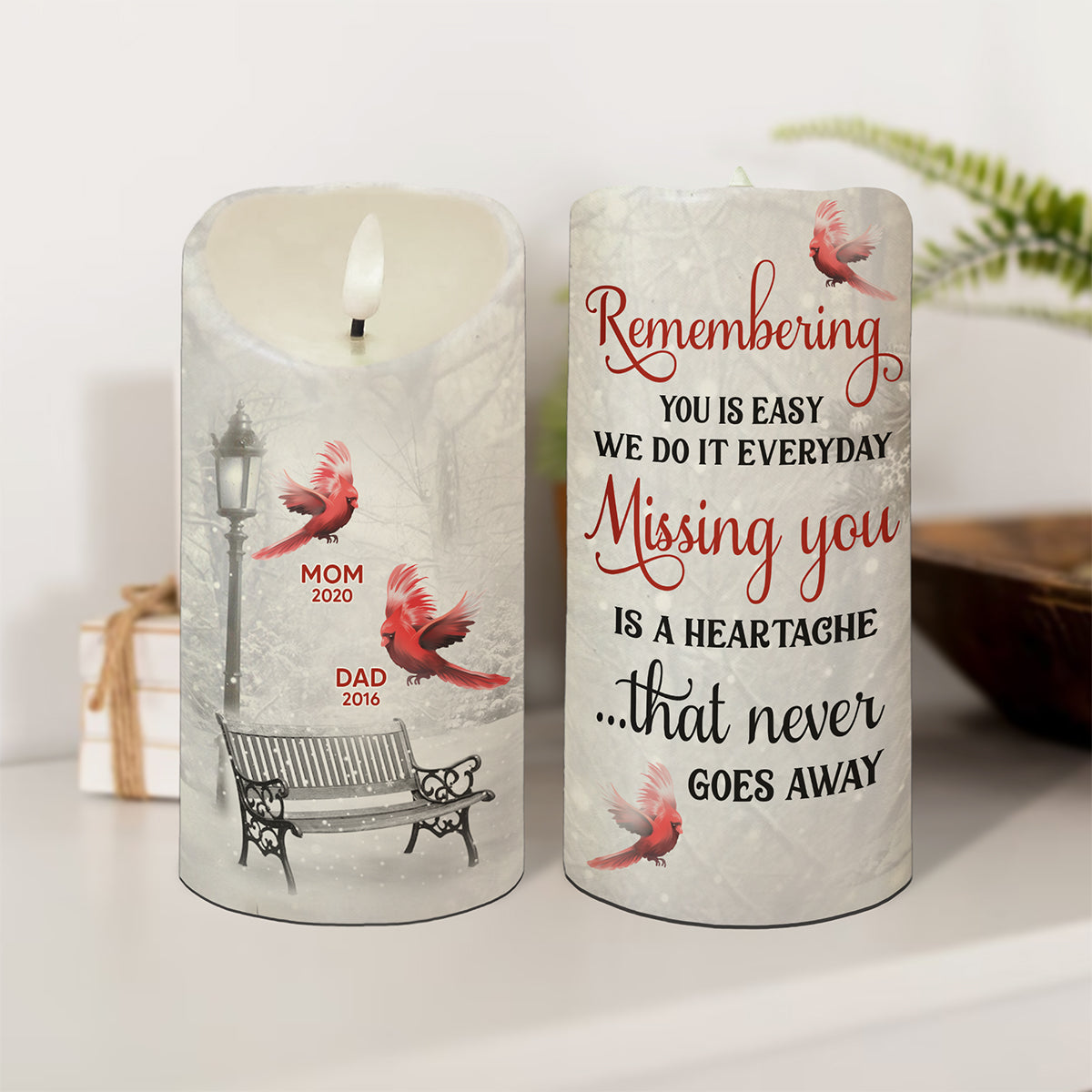 Cardinals Winter Memorial Personalized LED Candle, Remembrance Gift, Sympathy Gift