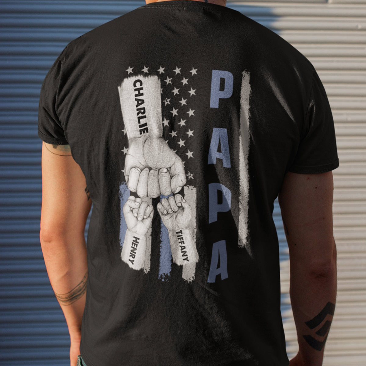 Dad Papa Grandpa Fist Bump American Flag Personalized Back Printed Shirt