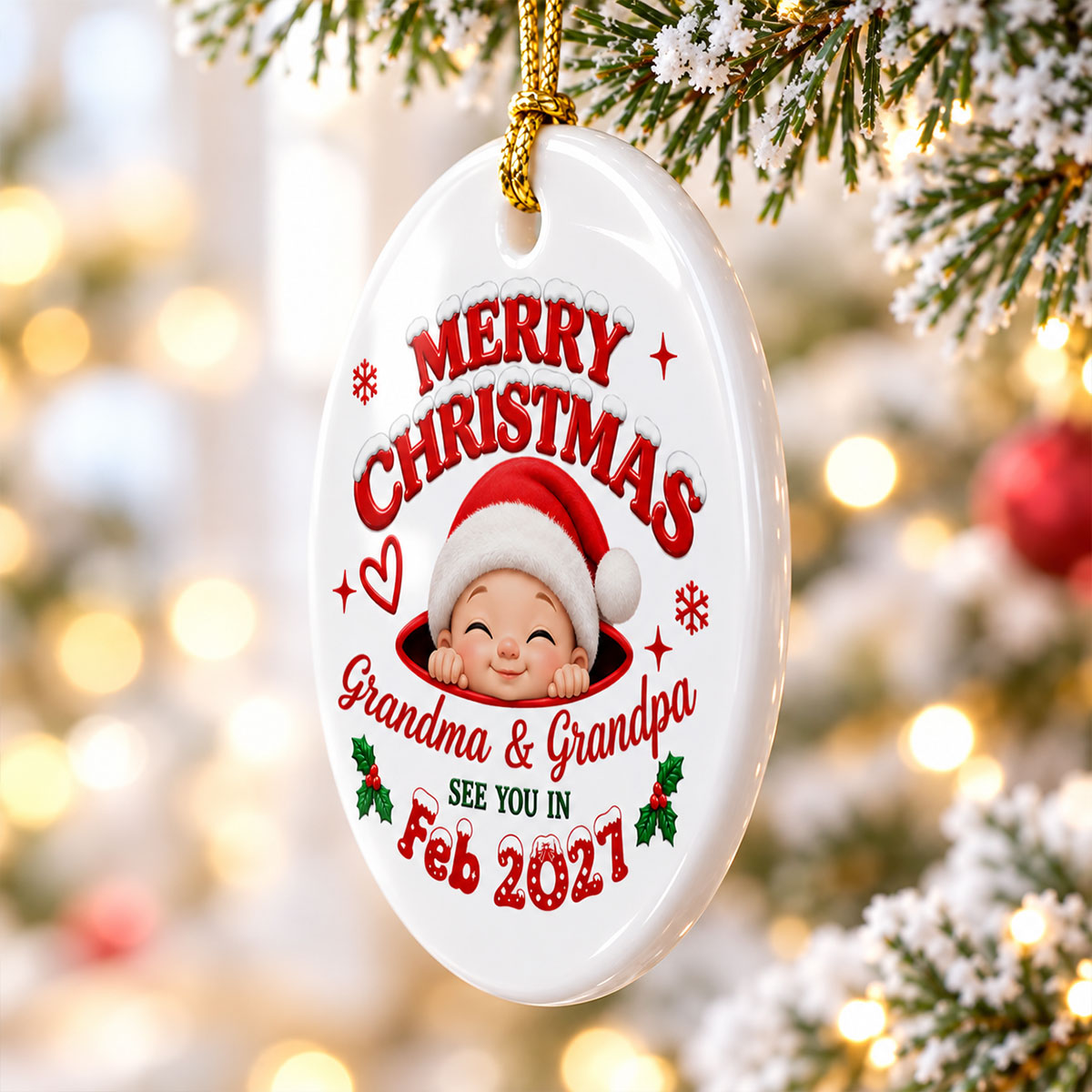 Merry Christmas Grandma & Grandpa - Personalized Ceramic Ornament - Pregnancy Announcement, Christmas Gift For Grandparents, Grandma, Grandpa, Expecting Grandparents