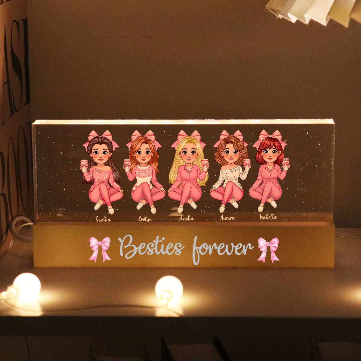 Coquette Animated Pink Besties Personalized Acrylic Block LED Night Light, Gift For Best Friends