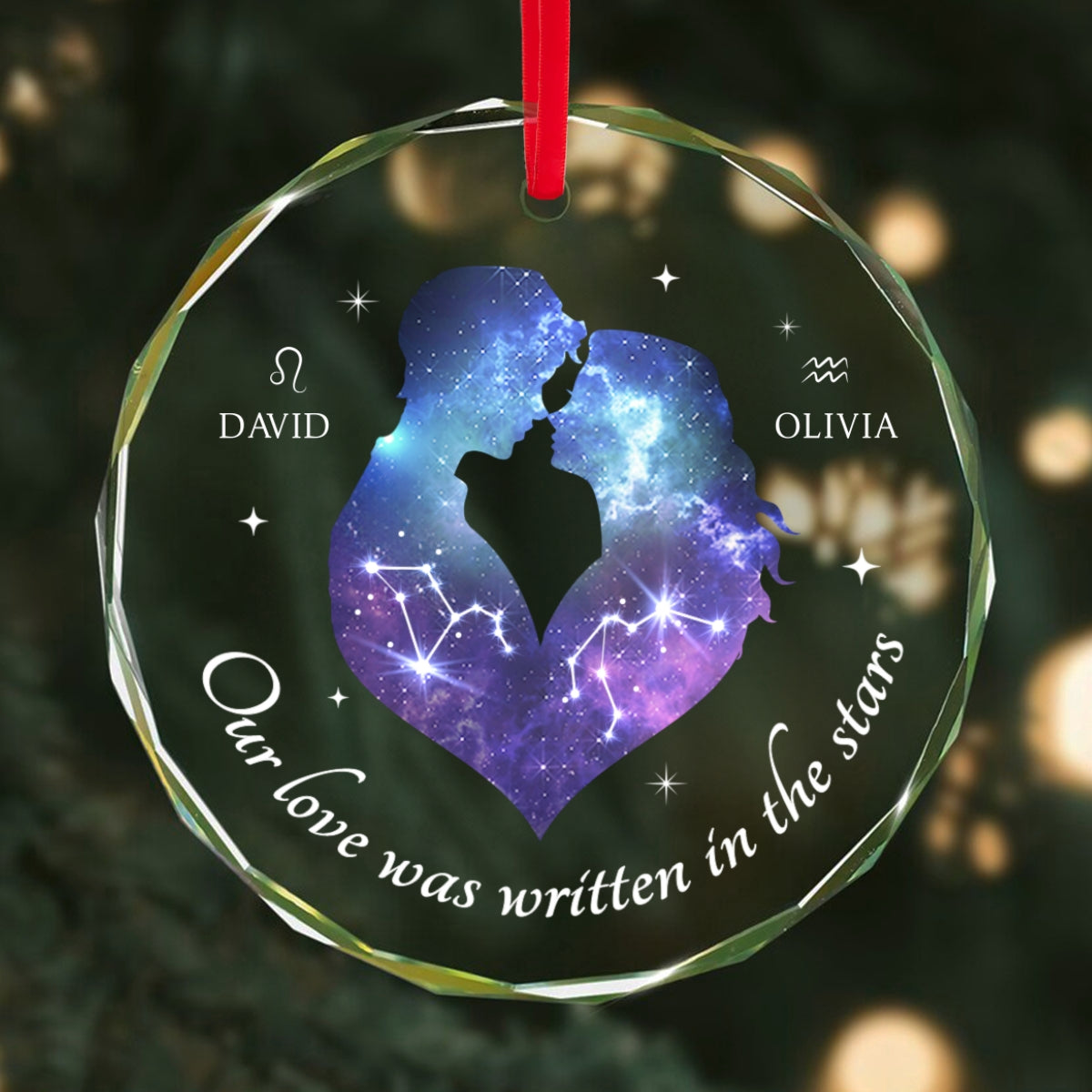Our Love Was Written In The Stars Hugging Couple Personalized Zodiac Sign Glass Ornament, Birthday Christmas Wedding Gift For Couple, Girlfriend, Boyfriend, Astrology Lovers