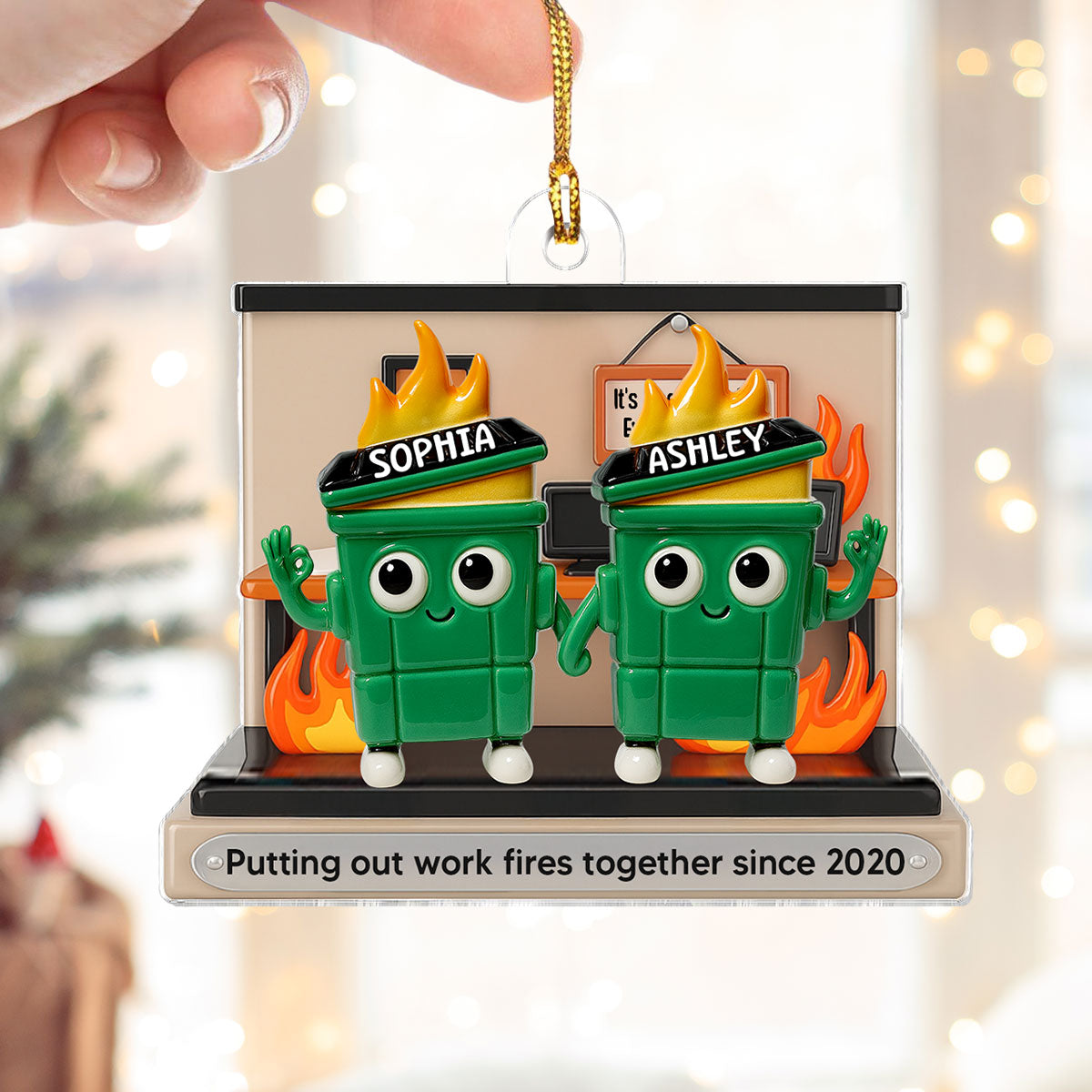 [BUY 1 GET 1 FREE] 3D Effect Dumpster Fires In Office Scene - Personalized Acrylic Ornament - Funny Gift For Colleagues, Work Besties