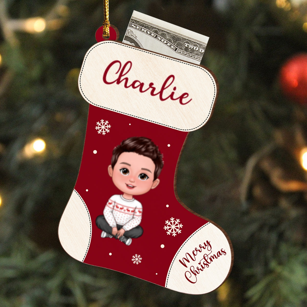 Christmas Stocking Cute Doll Kid Teenage Personalized Money Gift Card Holder Ornament, Unique Christmas Gift For Daughter, Son, Granddaughter, Grandson