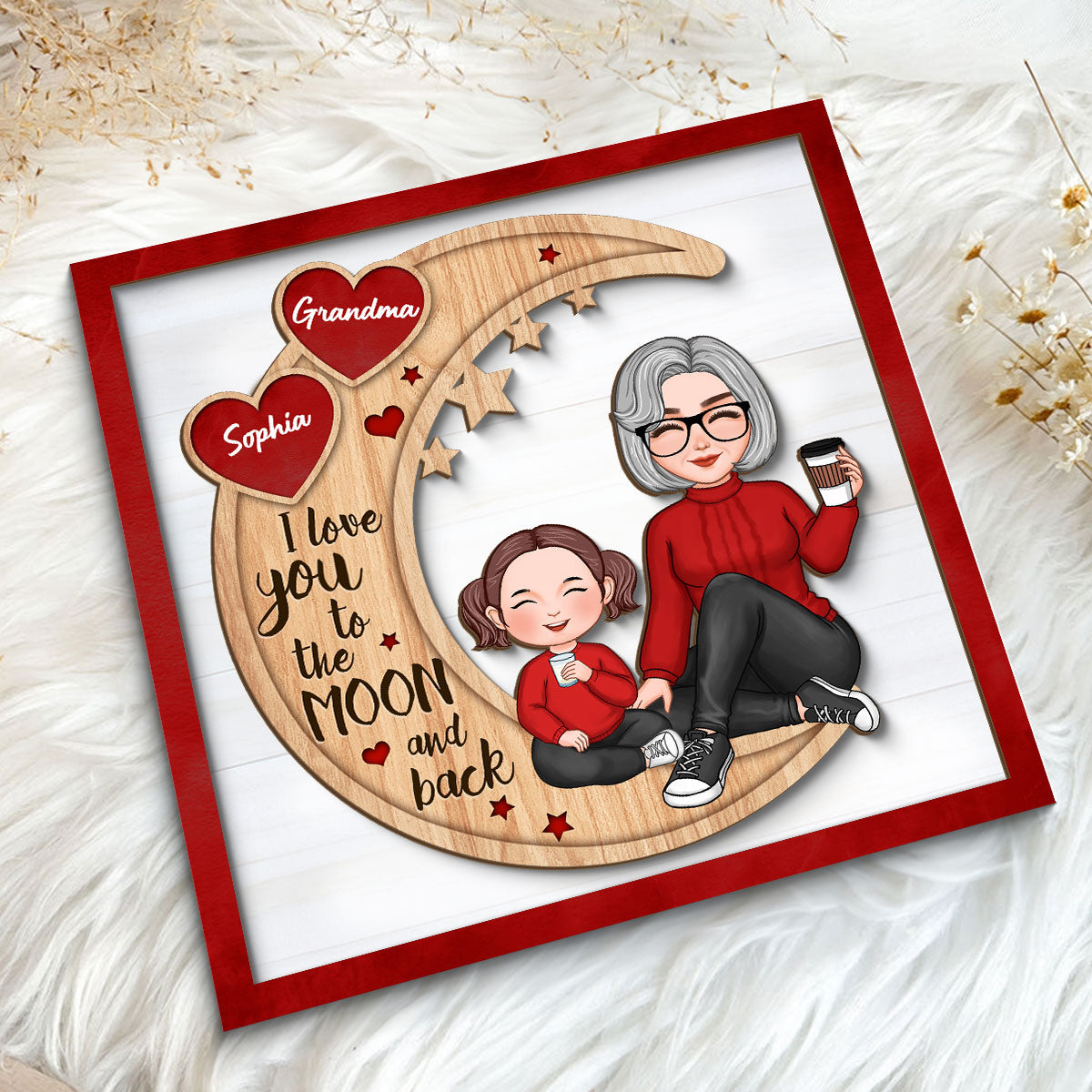 Red Heart Cute Grandma Grandkids Sitting On Moon Personalized 2-Layer Wooden Plaque