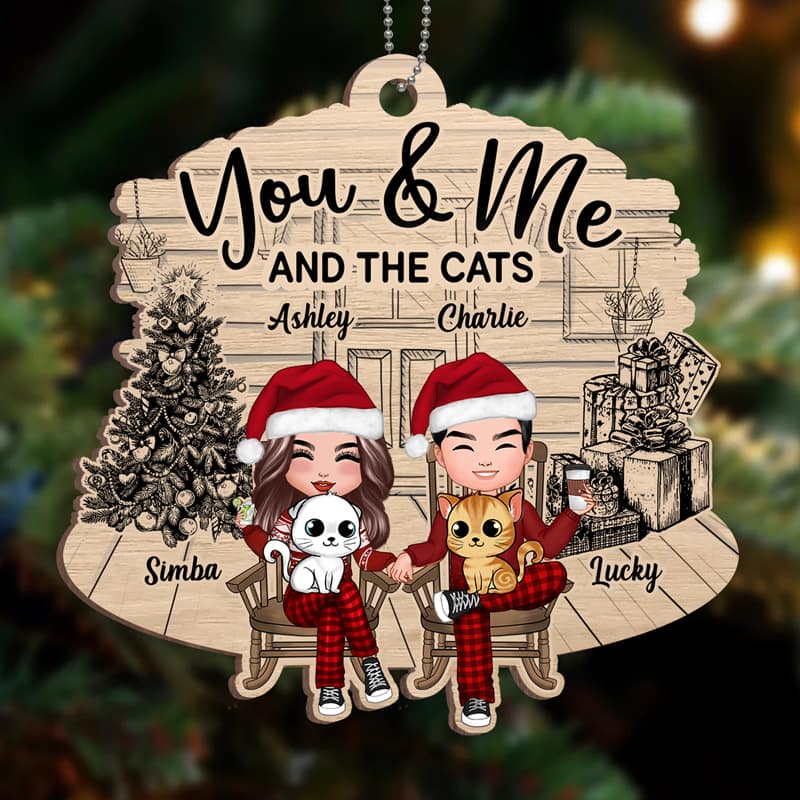 Couple And The Cats Front Porch Personalized Christmas Wooden Ornament