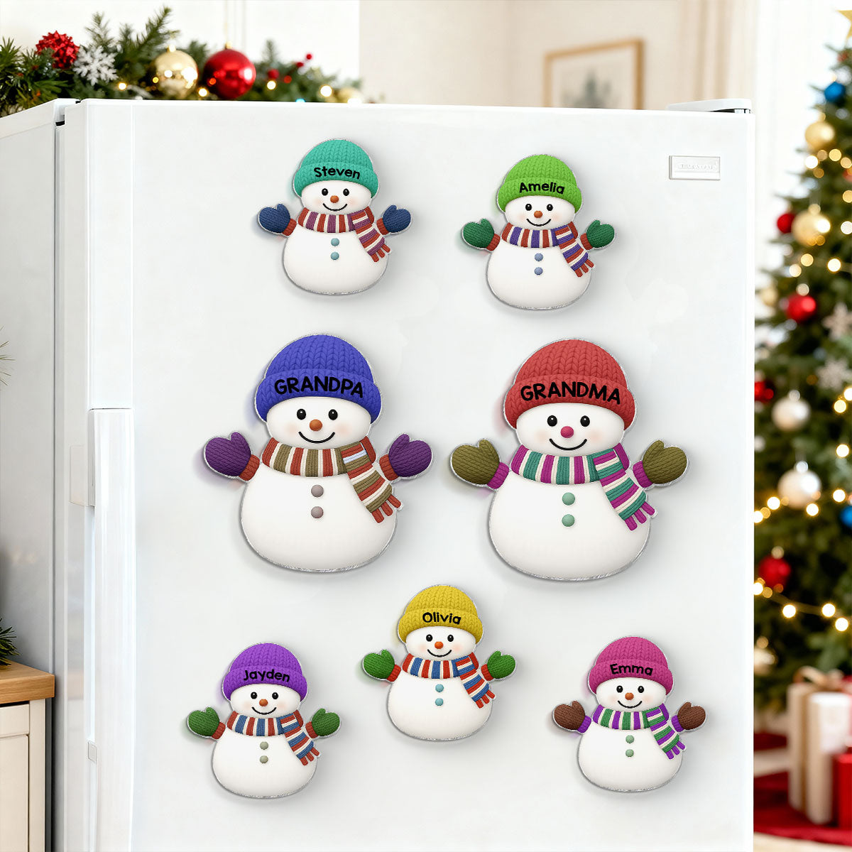 Christmas Grandma Grandpa And Grandkids Snowman Together - Personalized Acrylic Fridge Magnet