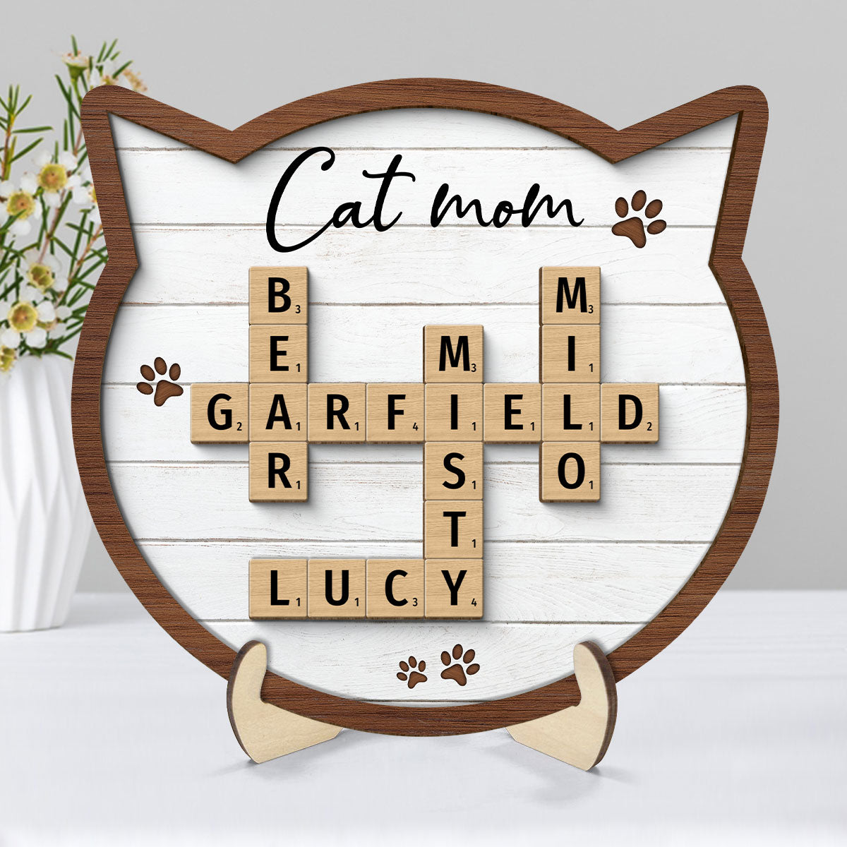 Cat Lover Gift Crossword Puzzle Art Home Decor Personalized 2-Layer Wooden Plaque